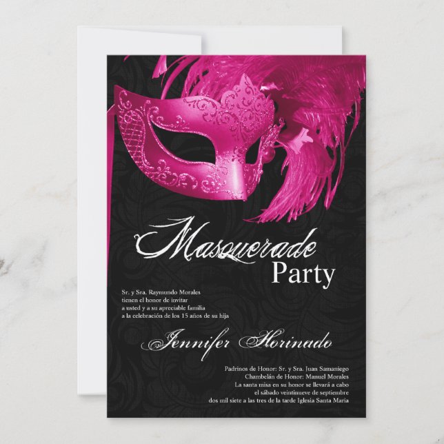Invitación de cumpleaños de Quinceanera de mascara (Anverso)