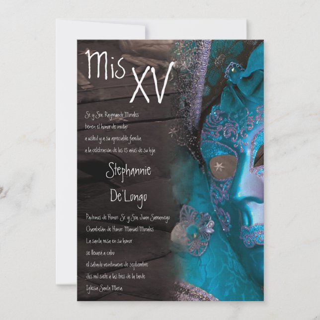 Invitación de cumpleaños de Quinceanera de mascara (Anverso)