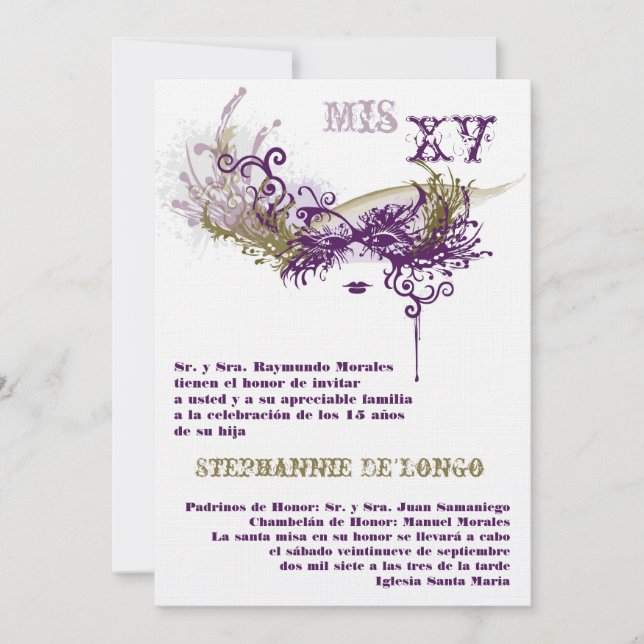 Invitación de cumpleaños de Quinceanera de mascara (Anverso)