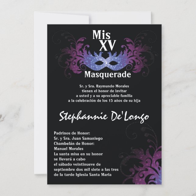 Invitación de cumpleaños de Quinceanera de mascara (Anverso)