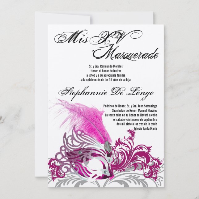 Invitación de cumpleaños de Quinceanera de mascara (Anverso)