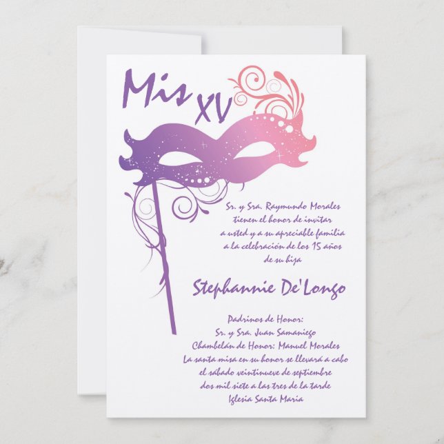 Invitación de cumpleaños de Quinceanera de mascara (Anverso)