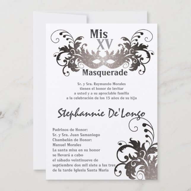 Invitación de cumpleaños de Quinceanera de mascara (Anverso)