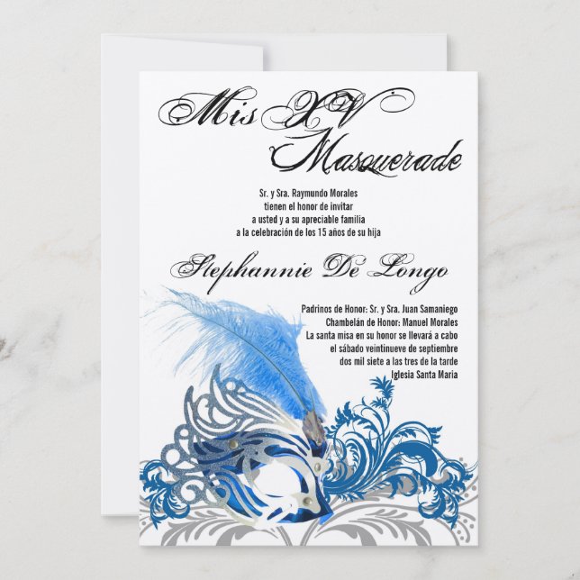 Invitación de cumpleaños de Quinceanera de mascara (Anverso)