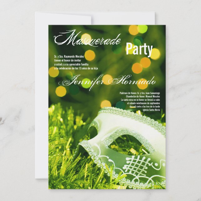 Invitación de cumpleaños de Quinceanera de mascara (Anverso)