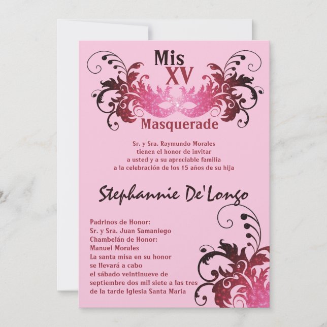 Invitación de cumpleaños de Quinceanera de mascara (Anverso)