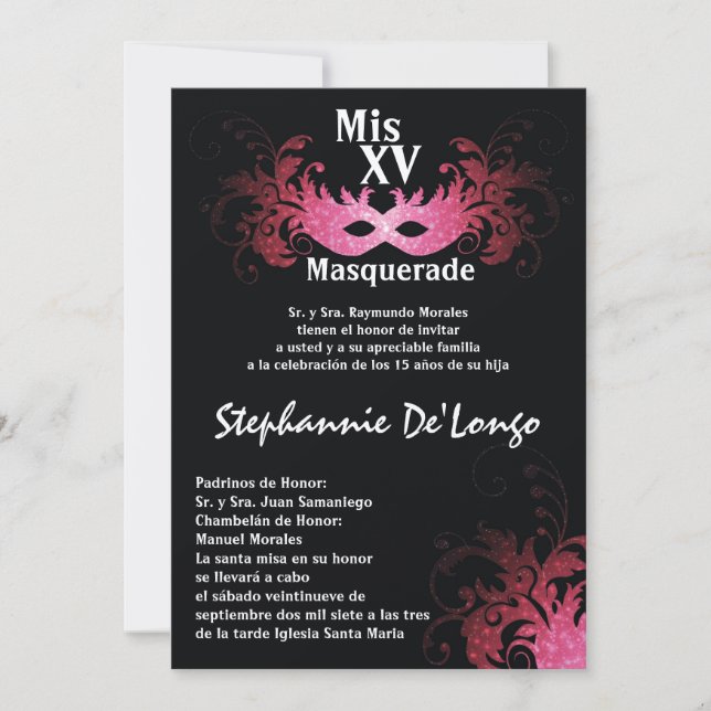 Invitación de cumpleaños de Quinceanera de mascara (Anverso)