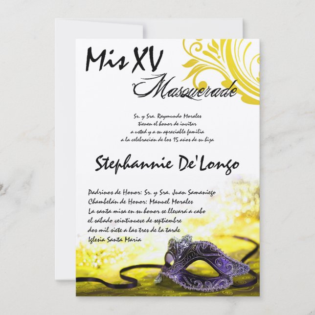 Invitación de cumpleaños de Quinceanera de mascara (Anverso)