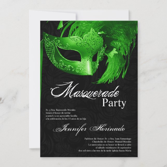 Invitación de cumpleaños de Quinceanera de mascara (Anverso)
