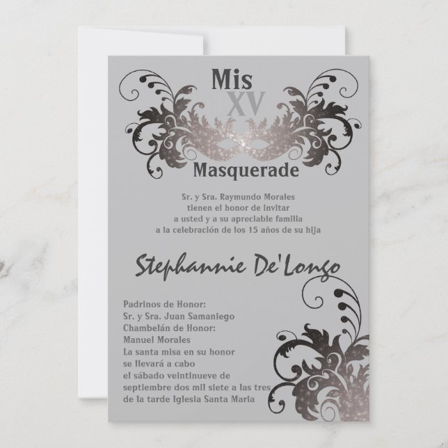 Invitación de cumpleaños de Quinceanera de mascara (Anverso)