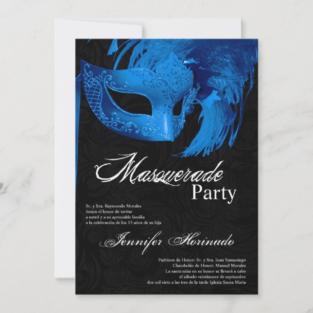 Invitación de cumpleaños de Quinceanera de mascara (Anverso)