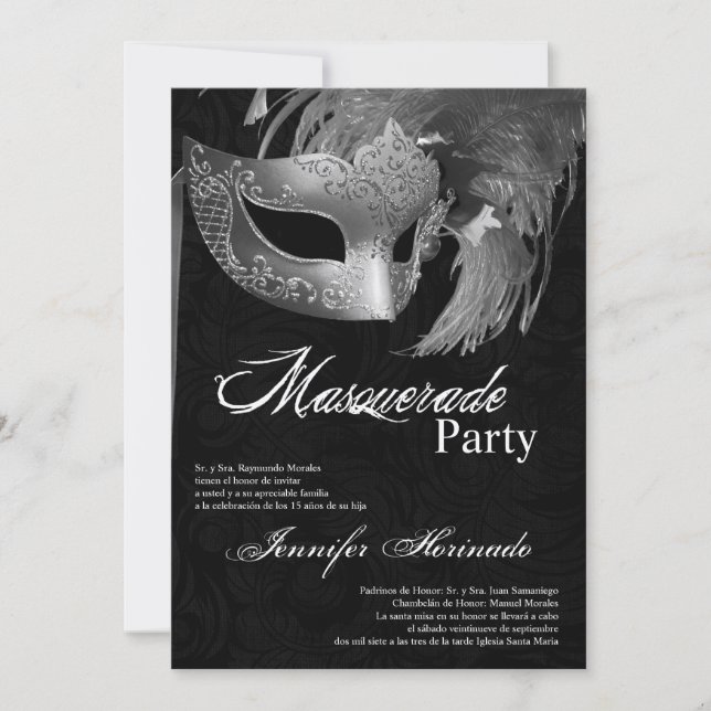 Invitación de cumpleaños de Quinceanera de mascara (Anverso)