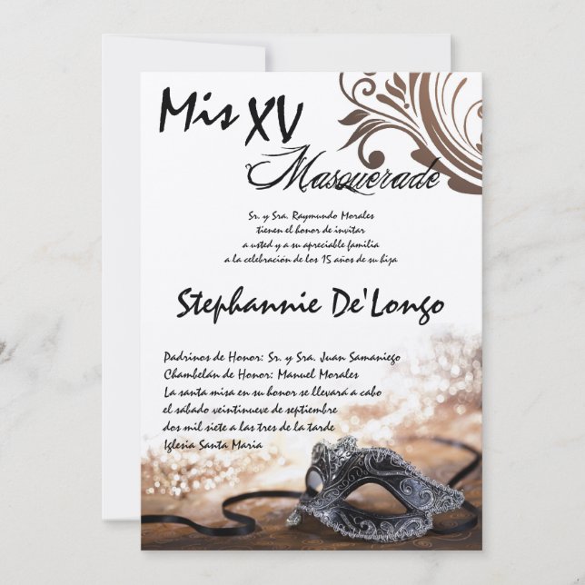 Invitación de cumpleaños de Quinceanera de mascara (Anverso)