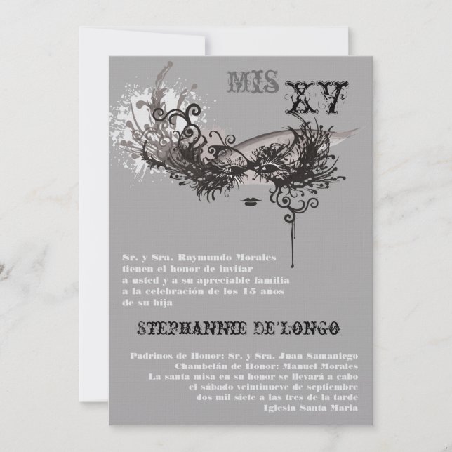 Invitación de cumpleaños de Quinceanera de mascara (Anverso)