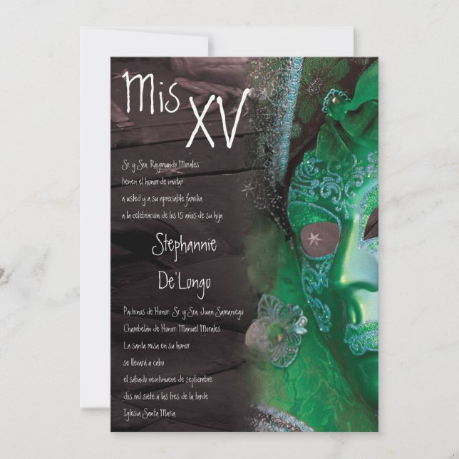 Invitación de cumpleaños de Quinceanera de mascara (Anverso)