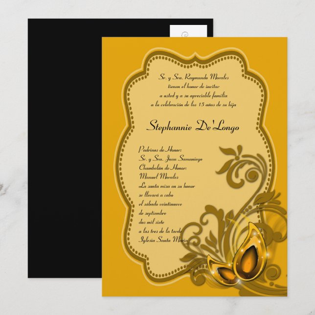 Invitación de cumpleaños de Quinceanera de mascara (Anverso / Reverso)