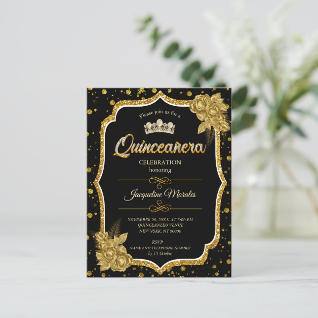Invitación de cumpleaños de Quinceañera de oro neg (Anverso de pie)