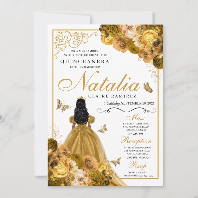 Invitación de cumpleaños de Quinceanera floral de  (Anverso)