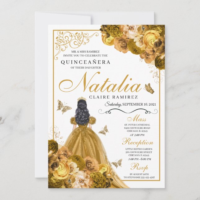 Invitación de cumpleaños de Quinceanera floral de  (Anverso)