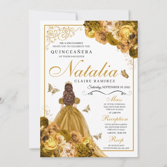 Invitación de cumpleaños de Quinceanera floral de  (Anverso)