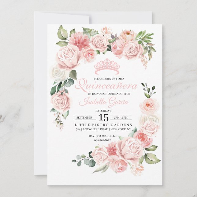 Invitación de cumpleaños de Quinceanera floral ros (Anverso)