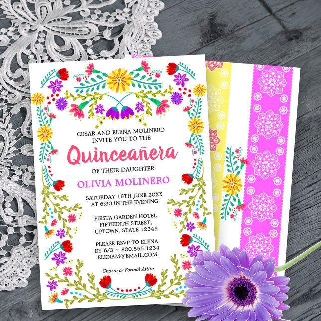 Invitación de cumpleaños de quinceañera. Folclore  (Quinceanera Invitation from my Mexican Fiesta Flowers Quinceanera Collection -printed or digital)