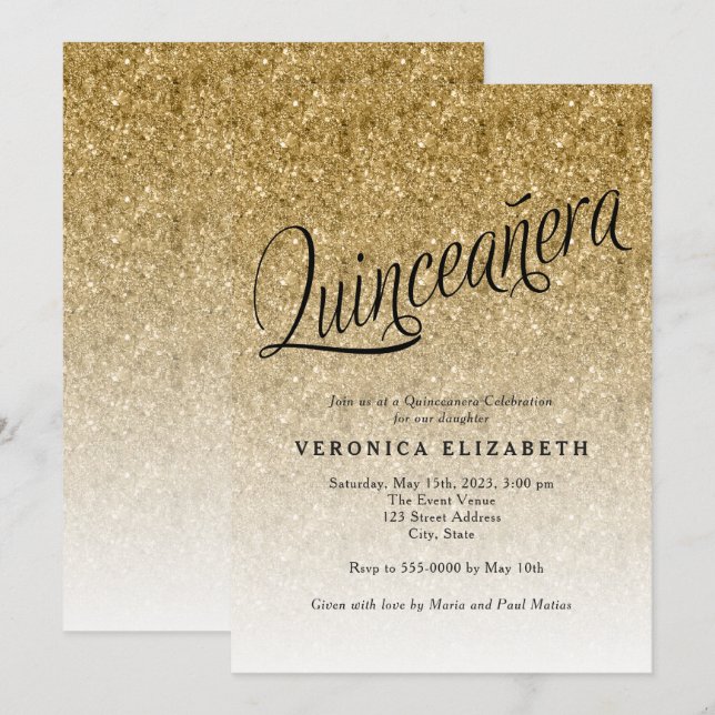Invitación de cumpleaños de Quinceanera Gold Purpu (Anverso / Reverso)