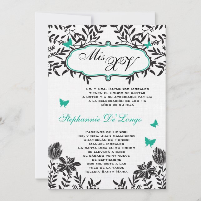 Invitación de cumpleaños de Quinceanera, mariposa  (Anverso)