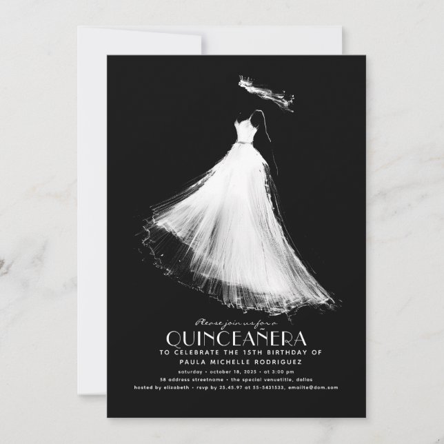 Invitación de cumpleaños de Quinceañera Negro (Anverso)