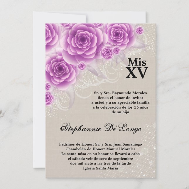 Invitación de cumpleaños de Quinceanera para Rosas (Anverso)