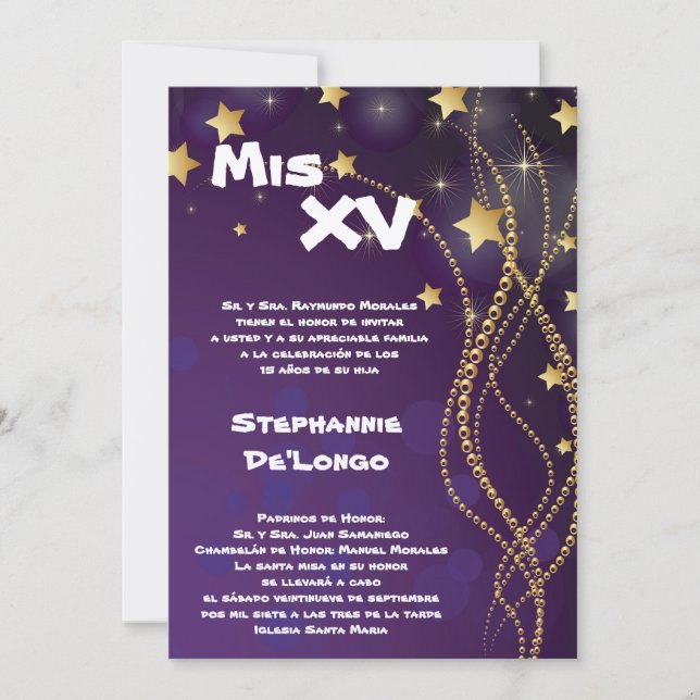 Invitación de cumpleaños de Quinceanera, Purpurina (Anverso)