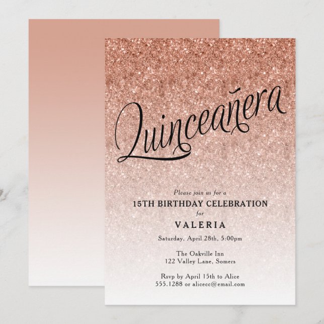 Invitación de cumpleaños de Quinceanera Rosa Gold  (Anverso / Reverso)