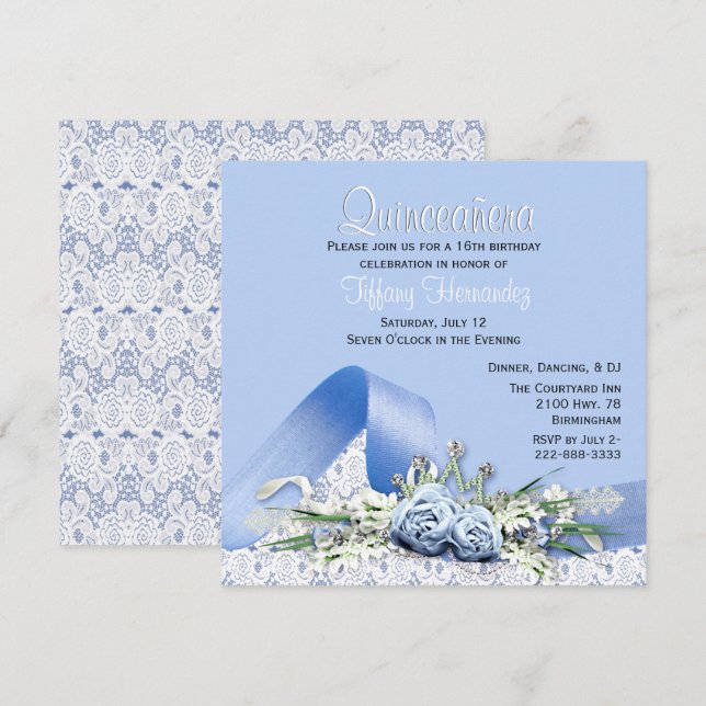 Invitación de cumpleaños de Quinceañera Rosas azul (Anverso / Reverso)
