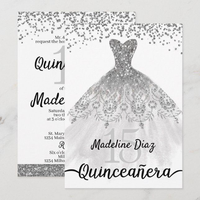Invitación de cumpleaños de Quinceanera Silver Cum (Anverso / Reverso)