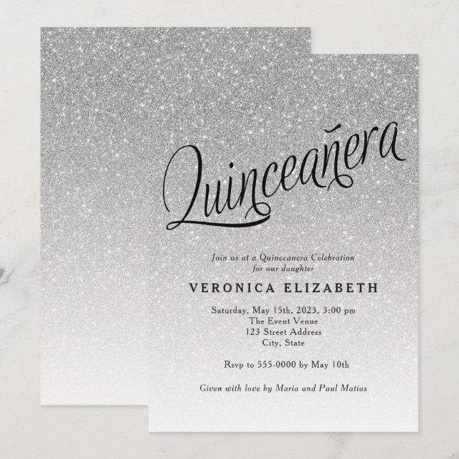 Invitación de cumpleaños de Quinceanera Silver Pur (Anverso / Reverso)