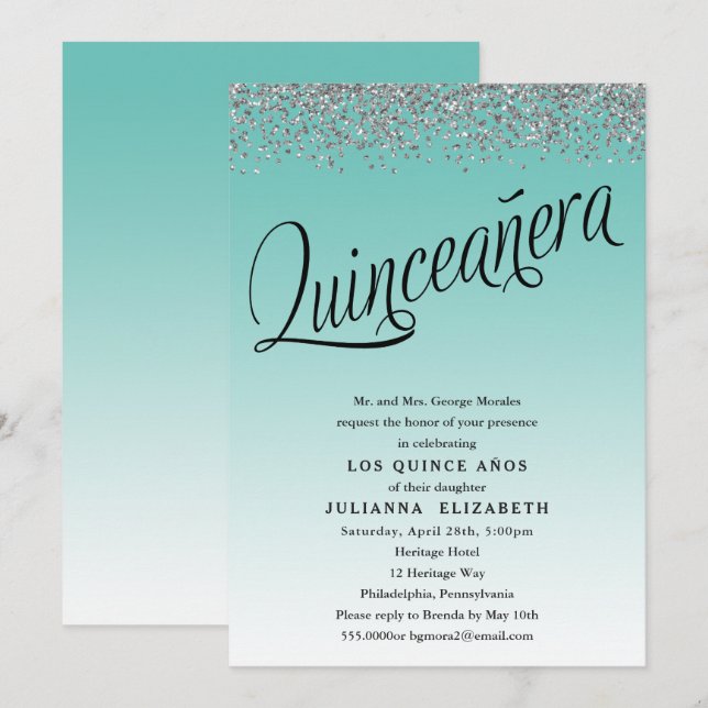 Invitación de cumpleaños de Quinceanera verde azul (Anverso / Reverso)