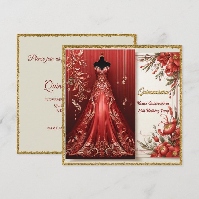 Invitación de cumpleaños de Quinceañera, vestido r (Anverso / Reverso)