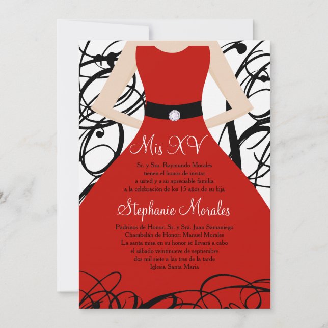 Invitación de cumpleaños de Quinceanera, vestido r (Anverso)