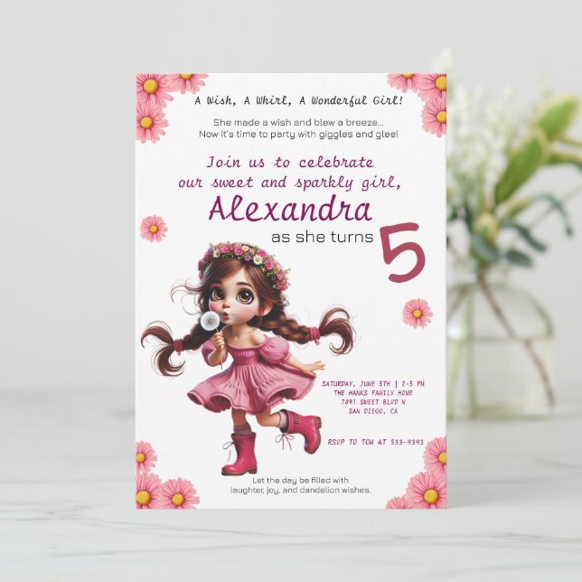 Invitación de cumpleaños de Quirky Dandelion chica (Anverso de pie)