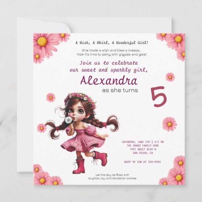 Invitación de cumpleaños de Quirky Dandelion chica (Anverso)
