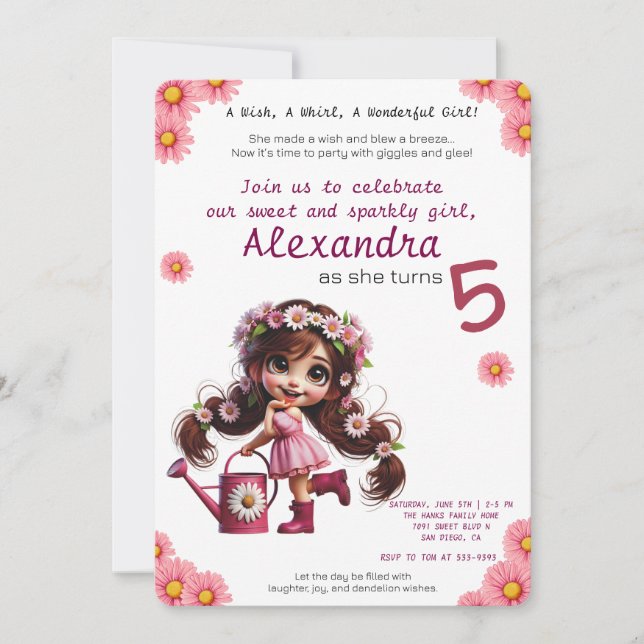 Invitación de cumpleaños de Quirky Dandelion chica (Anverso)