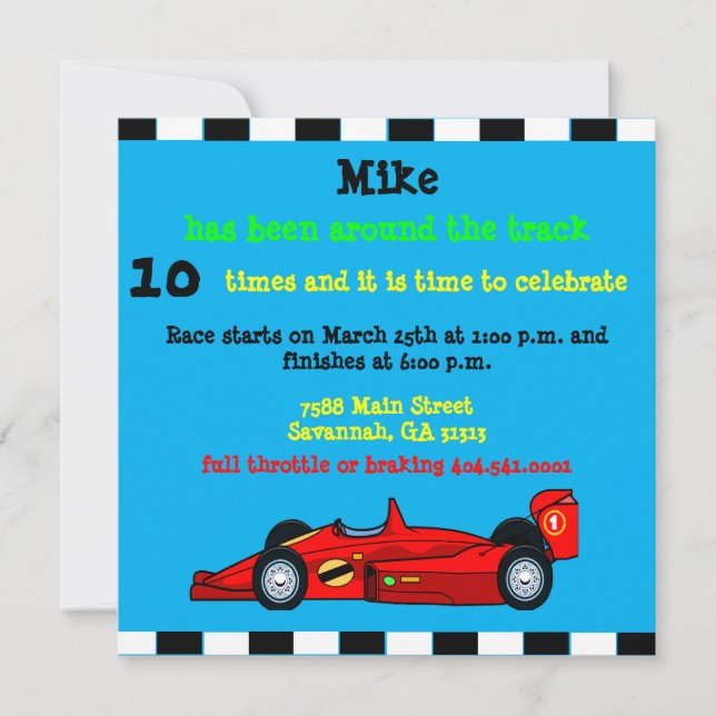 Invitación de cumpleaños de Race Car (Anverso)