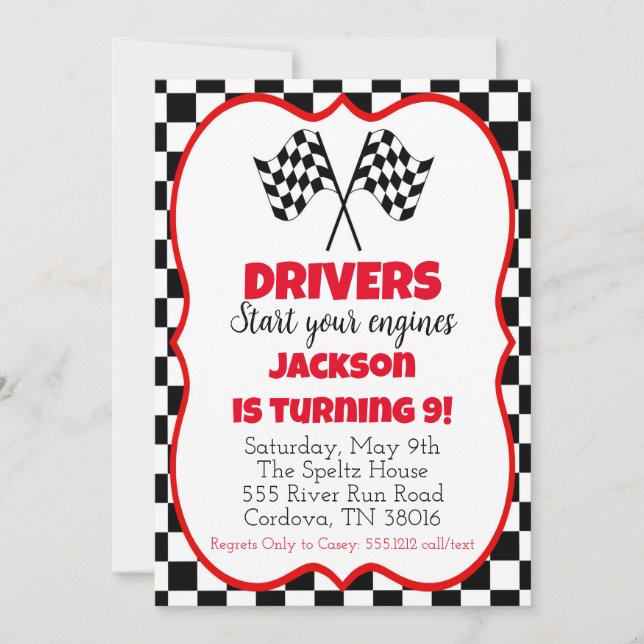 Invitación de cumpleaños de Race Car (Anverso)