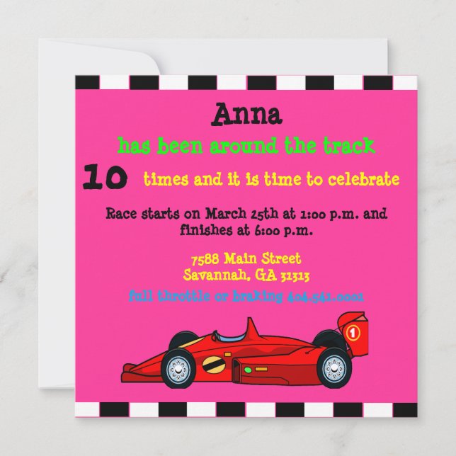Invitación de cumpleaños de Race Car (Anverso)
