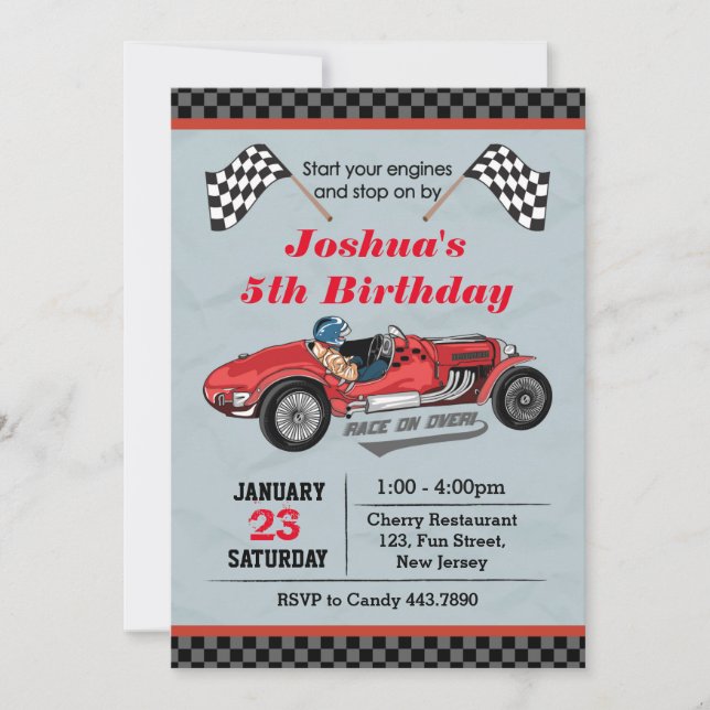 Invitación de cumpleaños de Race Car (Anverso)