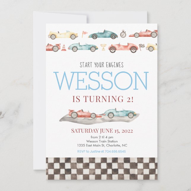 Invitación de cumpleaños de Race Car (Anverso)