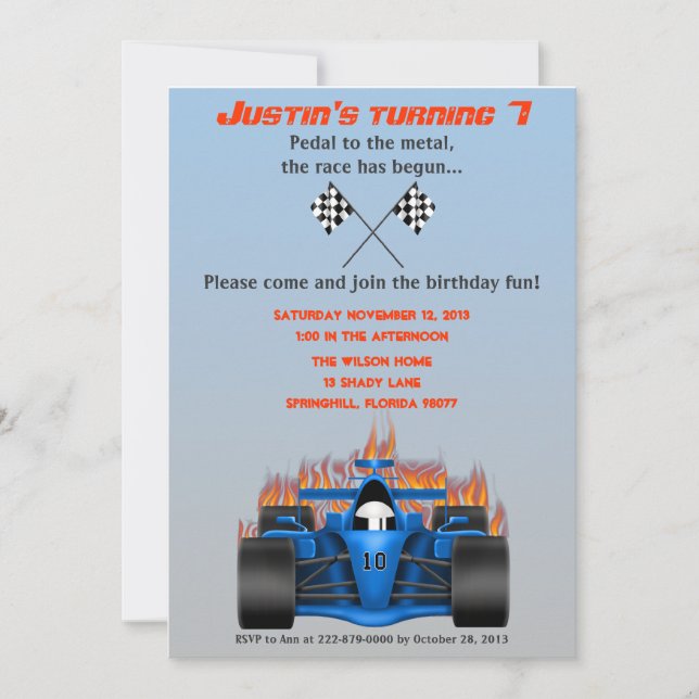 Invitación de cumpleaños de Race Car (Anverso)