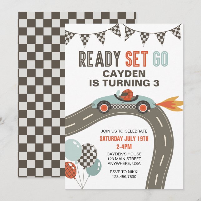 Invitación de cumpleaños de Race Car (Anverso / Reverso)