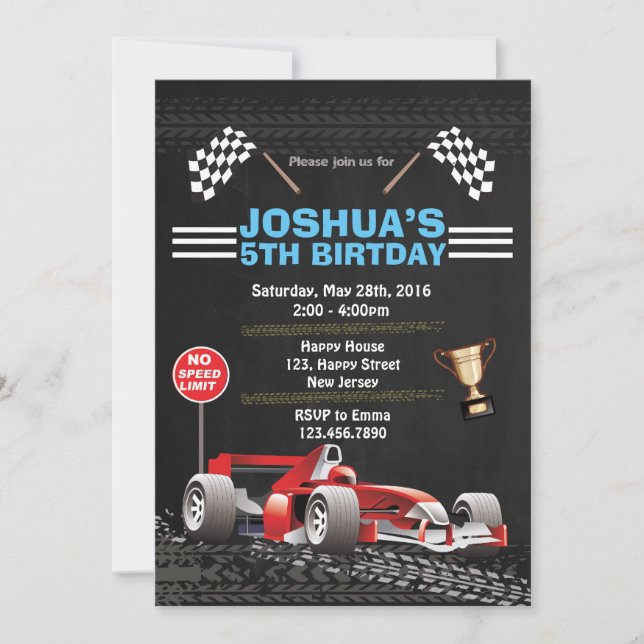 Invitación de cumpleaños de Race Car (Anverso)