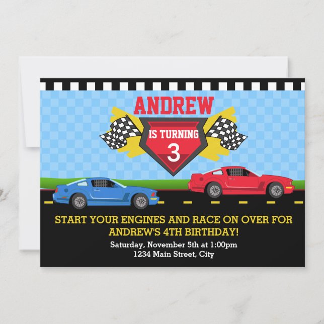 Invitación de cumpleaños de Race Car 5x7 con tarje (Anverso)